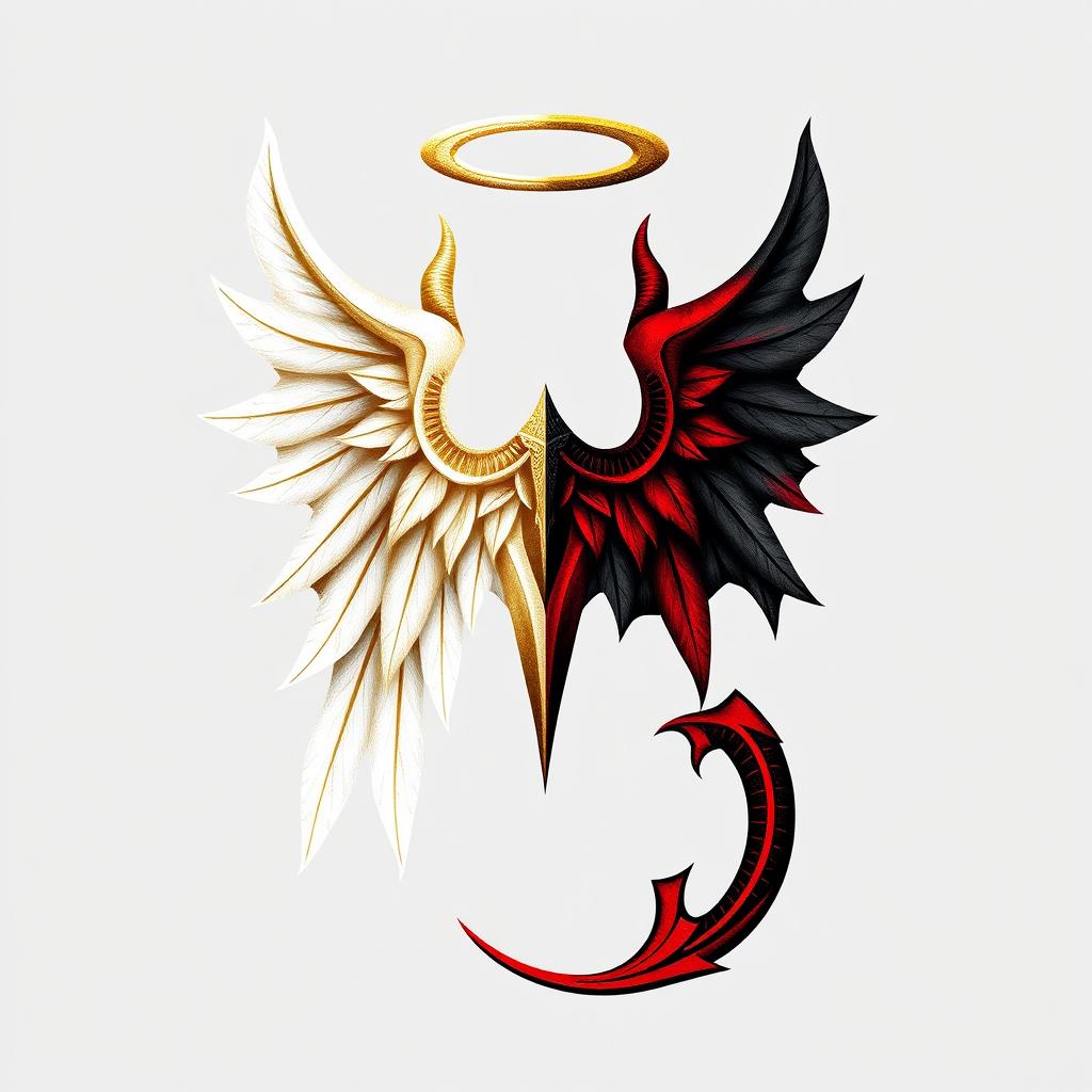 A creative and visually striking symbol that represents a duality of a devil and an angel, featuring half of the design with angelic elements such as soft, flowing wings, a halo, and bright, ethereal colors like white and gold