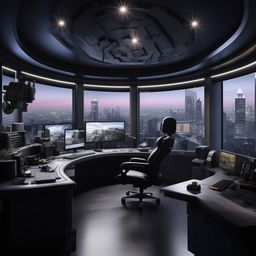 A penthouse office having the aesthetic of a SWAT commander's workspace, inspired by the design elements from the provided website link.