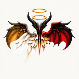 A creative and visually striking symbol that represents a duality of a devil and an angel, featuring half of the design with angelic elements such as soft, flowing wings, a halo, and bright, ethereal colors like white and gold