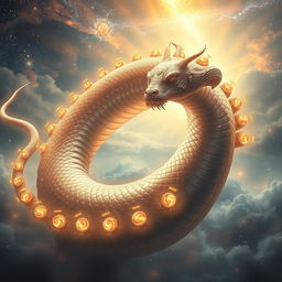 A majestic and ethereal depiction of Seshnag, the cosmic serpent, with 1,000 radiant heads, each crowned with a tiny, luminous universe