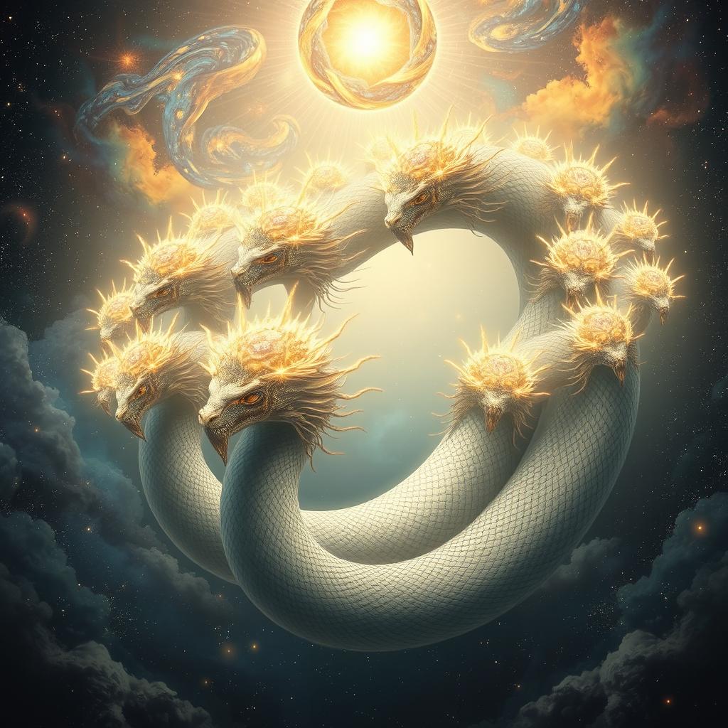 A majestic and ethereal depiction of Seshnag, the cosmic serpent, with 1,000 radiant heads, each crowned with a tiny, luminous universe