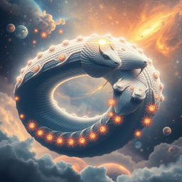 A majestic and ethereal depiction of Seshnag, the cosmic serpent, with 1,000 radiant heads, each crowned with a tiny, luminous universe