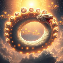 A majestic and ethereal depiction of Seshnag, the cosmic serpent, with 1,000 radiant heads, each crowned with a tiny, luminous universe
