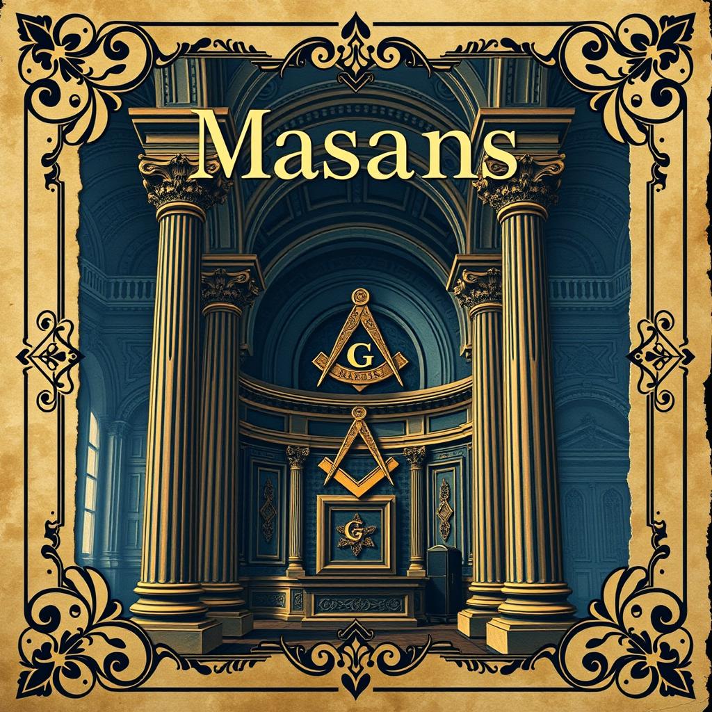 A historical book cover design showcasing a Masonic lodge environment