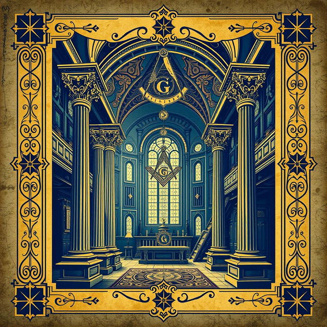 A historical book cover design showcasing a Masonic lodge environment