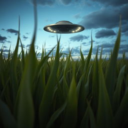 A raw, captivating photograph of an unidentified flying object (UFO) hovering above a vast cornfield