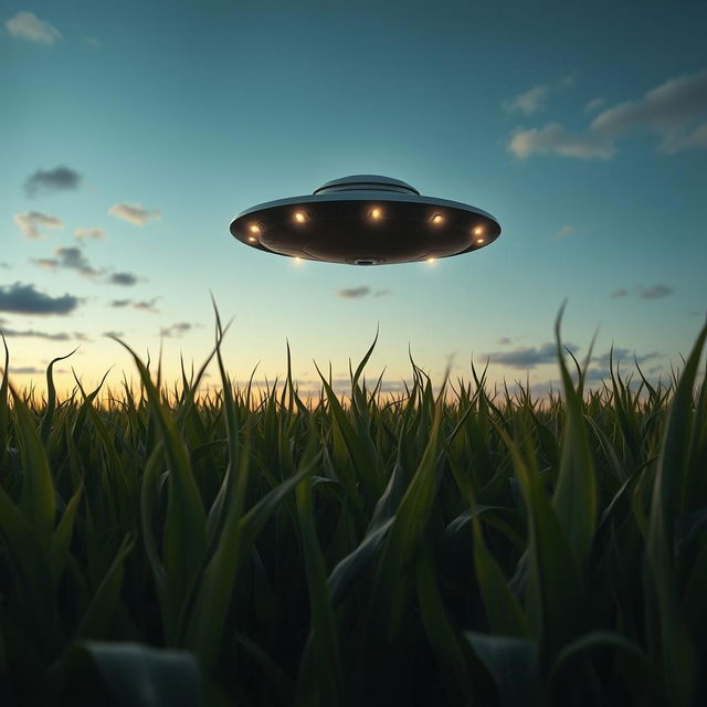 A raw, captivating photograph of an unidentified flying object (UFO) hovering above a vast cornfield