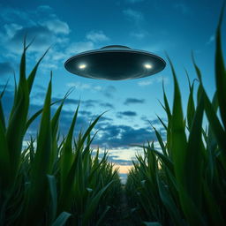 A raw, captivating photograph of an unidentified flying object (UFO) hovering above a vast cornfield