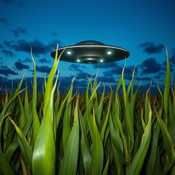 A raw, captivating photograph of an unidentified flying object (UFO) hovering above a vast cornfield