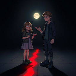 A beautiful young girl and boy standing in a dark setting illuminated by moonlight shining softly on a flat ground