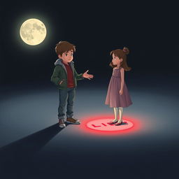 A beautiful young girl and boy standing in a dark setting illuminated by moonlight shining softly on a flat ground