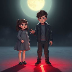 A beautiful young girl and boy standing in a dark setting illuminated by moonlight shining softly on a flat ground