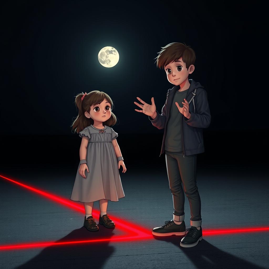 A beautiful young girl and boy standing in a dark setting illuminated by moonlight shining softly on a flat ground