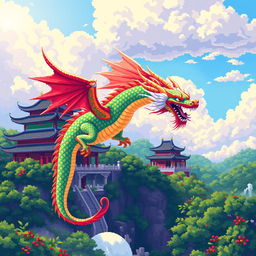 A vibrant pixel art scene depicting a majestic Chinese dragon soaring gracefully in the sky, with its colorful scales shimmering in the sunlight