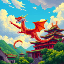 A vibrant pixel art scene depicting a majestic Chinese dragon soaring gracefully in the sky, with its colorful scales shimmering in the sunlight