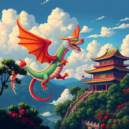 A vibrant pixel art scene depicting a majestic Chinese dragon soaring gracefully in the sky, with its colorful scales shimmering in the sunlight