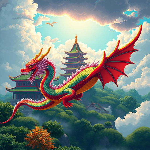 A vibrant pixel art scene depicting a majestic Chinese dragon soaring gracefully in the sky, with its colorful scales shimmering in the sunlight