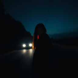 A mysterious red-haired girl standing alone on a dark, lonely road, illuminated by the headlights of an approaching car