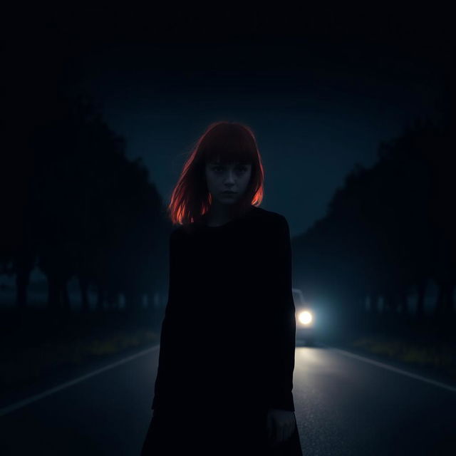 A mysterious red-haired girl standing alone on a dark, lonely road, illuminated by the headlights of an approaching car