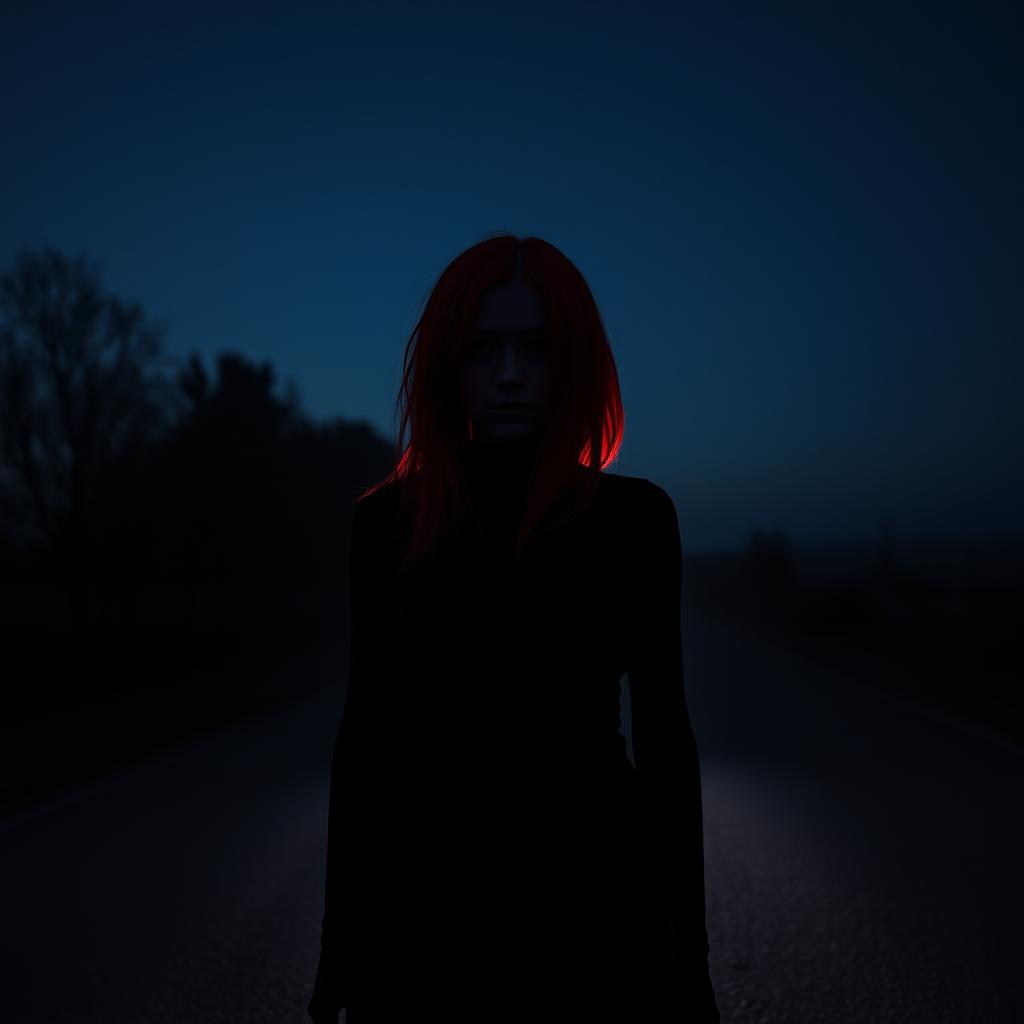 A mysterious red-haired girl standing alone on a dark, lonely road, illuminated by the headlights of an approaching car