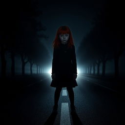 A mysterious red-haired girl standing alone on a dark, lonely road, illuminated by the headlights of an approaching car
