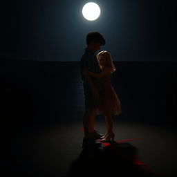 A beautiful girl and boy standing in a dark environment illuminated by soft moonlight reflecting on the flat ground