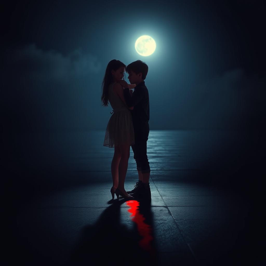 A beautiful girl and boy standing in a dark environment illuminated by soft moonlight reflecting on the flat ground