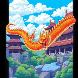 A captivating pixel art illustration featuring a magnificent Chinese dragon gracefully flying past a traditional Chinese palace