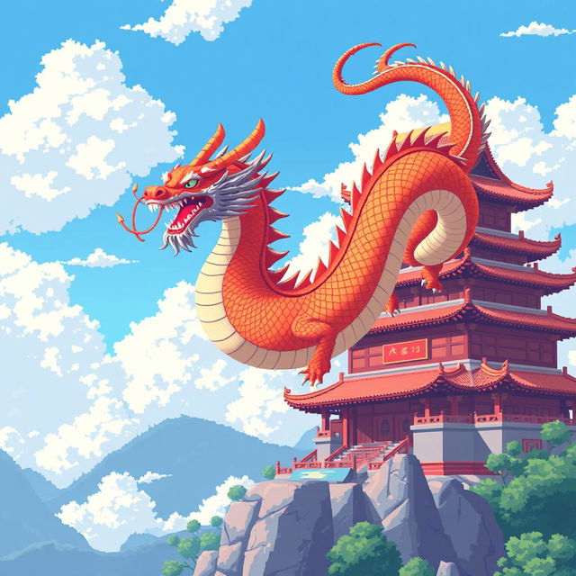 A captivating pixel art illustration featuring a magnificent Chinese dragon gracefully flying past a traditional Chinese palace