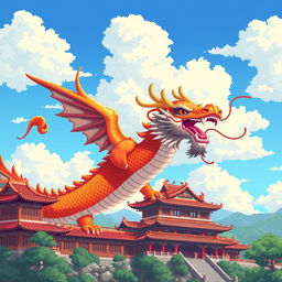 A captivating pixel art illustration featuring a magnificent Chinese dragon gracefully flying past a traditional Chinese palace