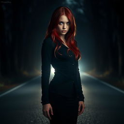 A mysterious red-haired girl standing in the middle of a dimly lit road, illuminated by the powerful headlights of an approaching car