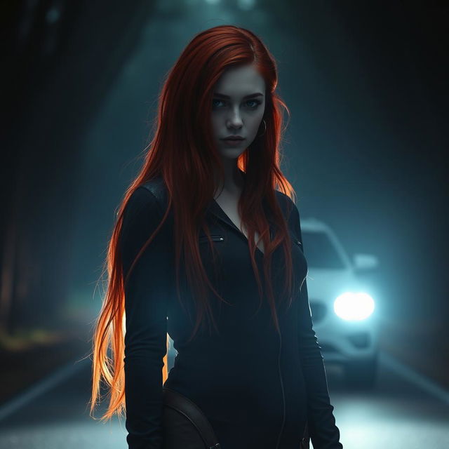 A mysterious red-haired girl standing in the middle of a dimly lit road, illuminated by the powerful headlights of an approaching car