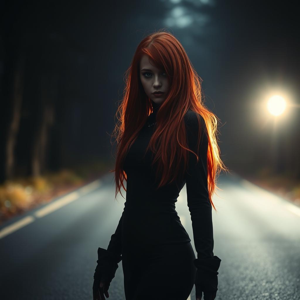 A mysterious red-haired girl standing in the middle of a dimly lit road, illuminated by the powerful headlights of an approaching car