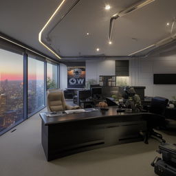 A penthouse office space furnished in the style of a SWAT commander's office, inspired by architectural details in the given link.