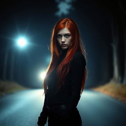A mysterious red-haired girl standing in the middle of a dimly lit road, illuminated by the powerful headlights of an approaching car
