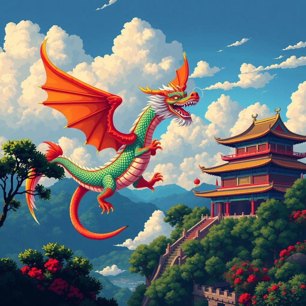 A vibrant pixel art scene depicting a majestic Chinese dragon soaring gracefully in the sky, with its colorful scales shimmering in the sunlight