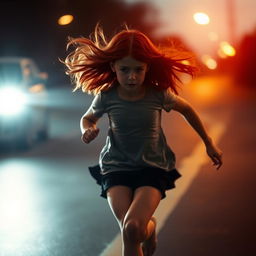 A mysterious red-haired girl, her face obscured, running across the road with the headlights of an approaching car illuminating her figure