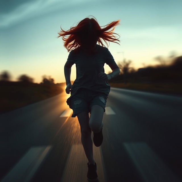 A mysterious red-haired girl, her face obscured, running across the road with the headlights of an approaching car illuminating her figure