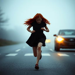 A mysterious red-haired girl, her face obscured, running across the road with the headlights of an approaching car illuminating her figure