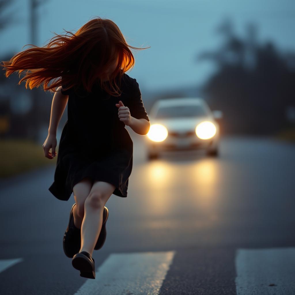 A mysterious red-haired girl, her face obscured, running across the road with the headlights of an approaching car illuminating her figure