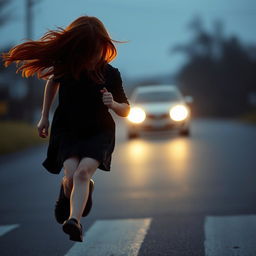 A mysterious red-haired girl, her face obscured, running across the road with the headlights of an approaching car illuminating her figure