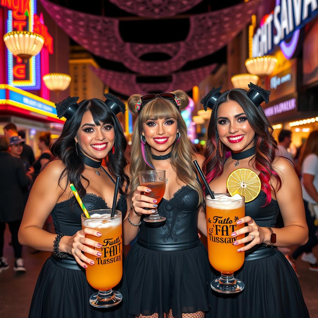 Three pretty ladies enjoying a girls night out on Fremont Street Experience, dressed in stylish goth outfits with black skirts, colorful hair, and eye-catching makeup