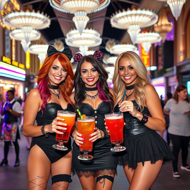 Three pretty ladies enjoying a girls night out on Fremont Street Experience, dressed in stylish goth outfits with black skirts, colorful hair, and eye-catching makeup