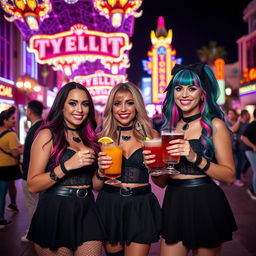 Three pretty ladies enjoying a girls night out on Fremont Street Experience, dressed in stylish goth outfits with black skirts, colorful hair, and eye-catching makeup