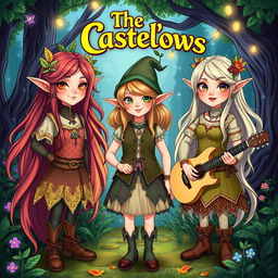 A vibrant and colorful illustration of the band "The Castellows" depicted as fantasy characters — two elves and one gnome — alongside Taylor Swift, portrayed as an elegant elf