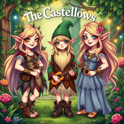 A vibrant and colorful illustration of the band "The Castellows" depicted as fantasy characters — two elves and one gnome — alongside Taylor Swift, portrayed as an elegant elf