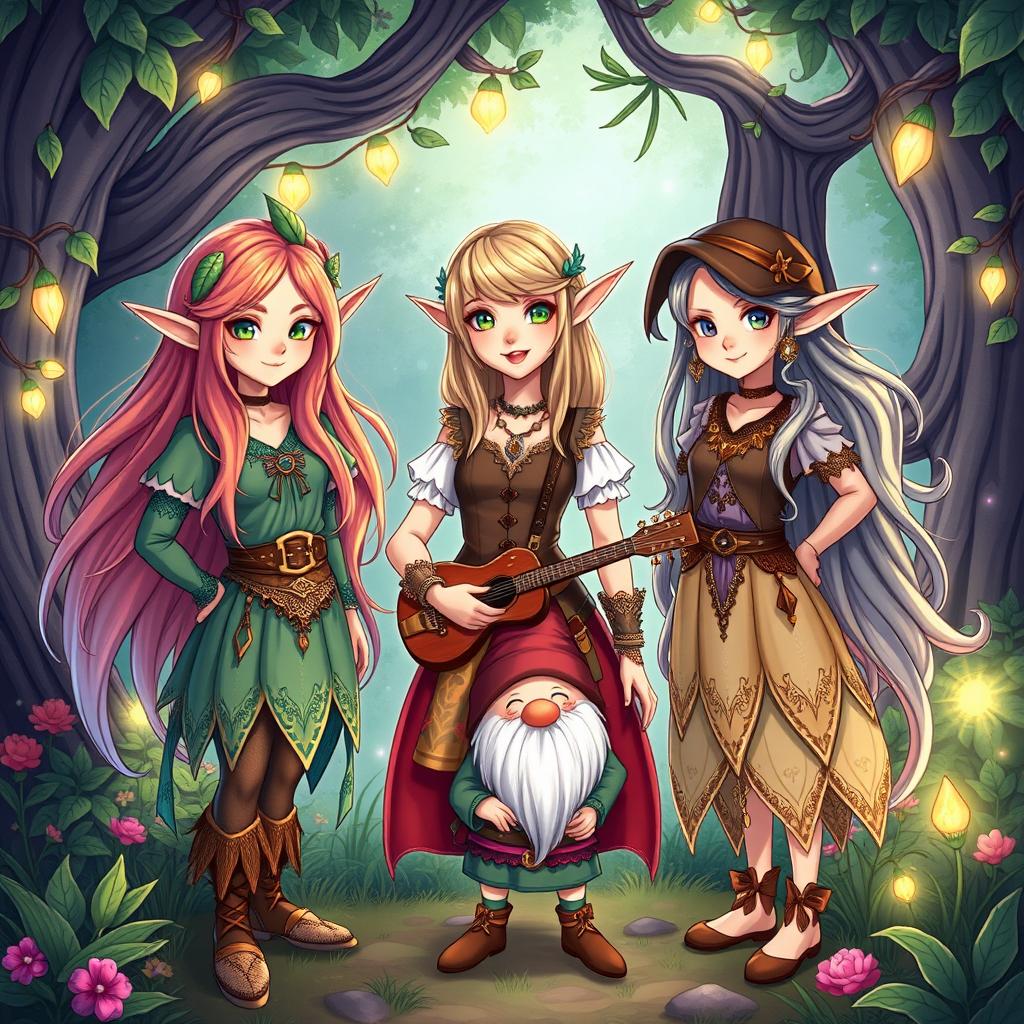 A vibrant and colorful illustration of the band "The Castellows" depicted as fantasy characters — two elves and one gnome — alongside Taylor Swift, portrayed as an elegant elf