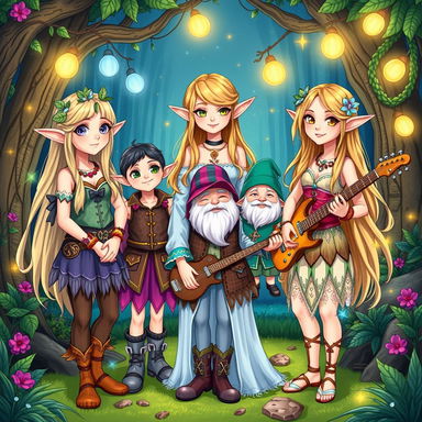 A vibrant and colorful illustration of the band "The Castellows" depicted as fantasy characters — two elves and one gnome — alongside Taylor Swift, portrayed as an elegant elf