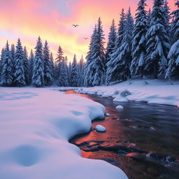 A majestic winter landscape featuring a serene snow-covered forest at sunrise, with soft pink and orange hues illuminating the sky