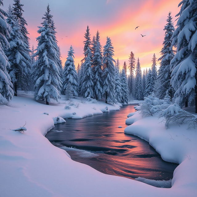 A majestic winter landscape featuring a serene snow-covered forest at sunrise, with soft pink and orange hues illuminating the sky